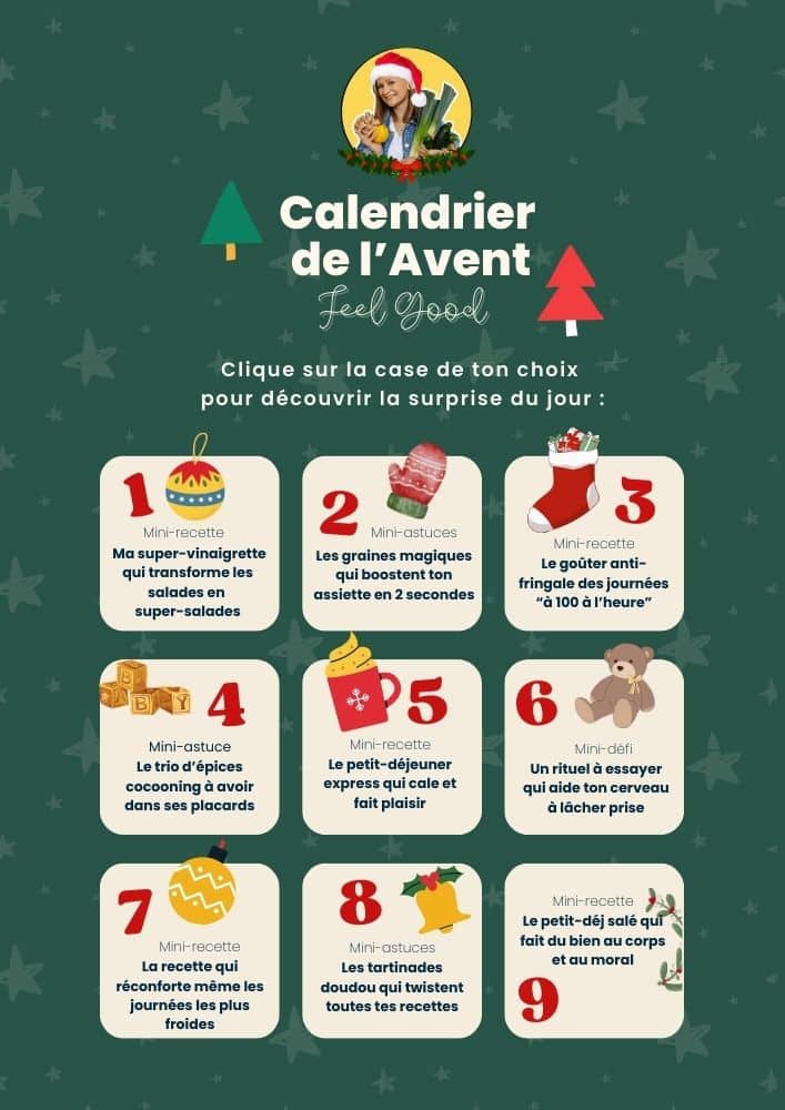 Aperçu du Calendrier de l'Avent Feel Good de DrBonneBouffe : 24 jours pour se faire du bien avant les fêtes calendrier de l'avent nutrition feelgood