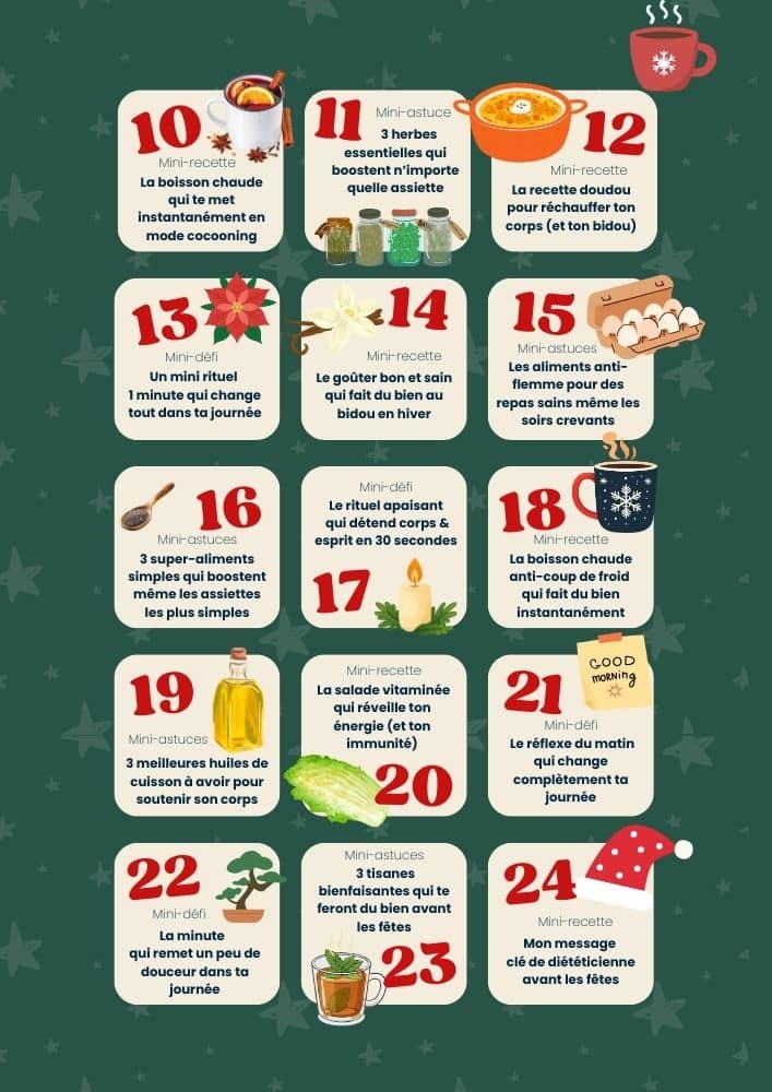 Aperçu du Calendrier de l'Avent Nutrition & Bien-être de DrBonneBouffe : 24 jours pour se faire du bien et reprendre soin de soi avant les fêtes calendrier de l'avent nutrition aperçu
