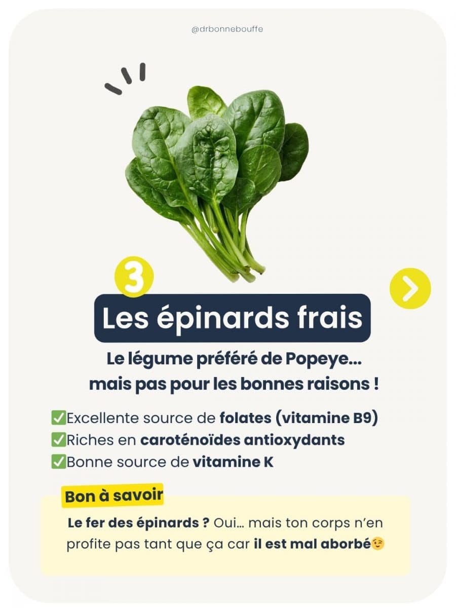 Épinards frais de saison en avril riches en folates vitamine B9 et antioxydants