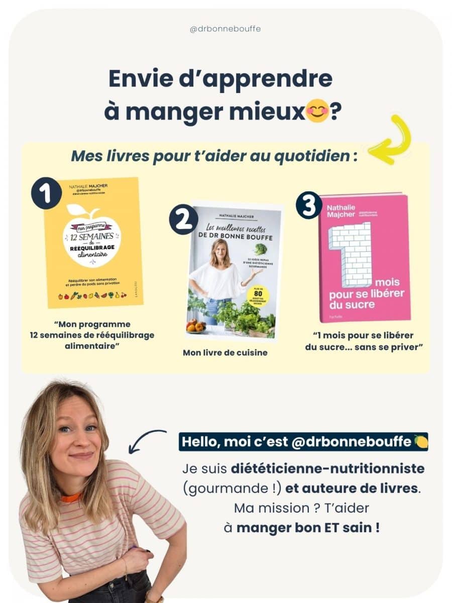 Infographie présentant 7 idées d’encas sains et express recommandées par une diététicienne pour des collations équilibrées et rapides