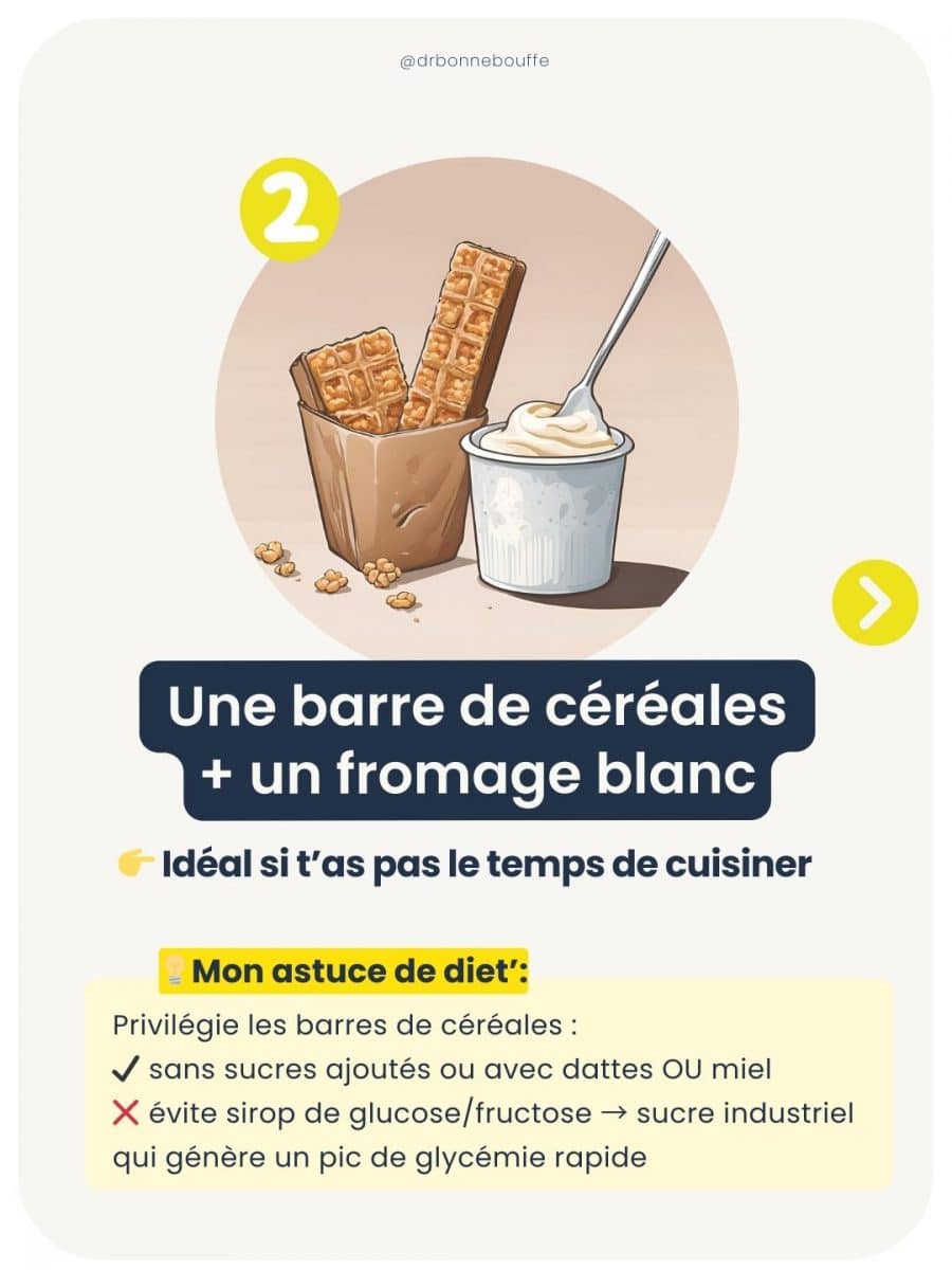 Infographie présentant 7 idées d’encas sains et express recommandées par une diététicienne pour des collations équilibrées et rapides