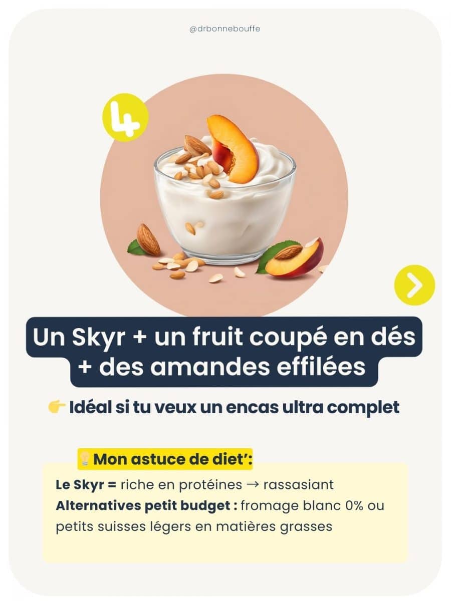 Infographie présentant 7 idées d’encas sains et express recommandées par une diététicienne pour des collations équilibrées et rapides