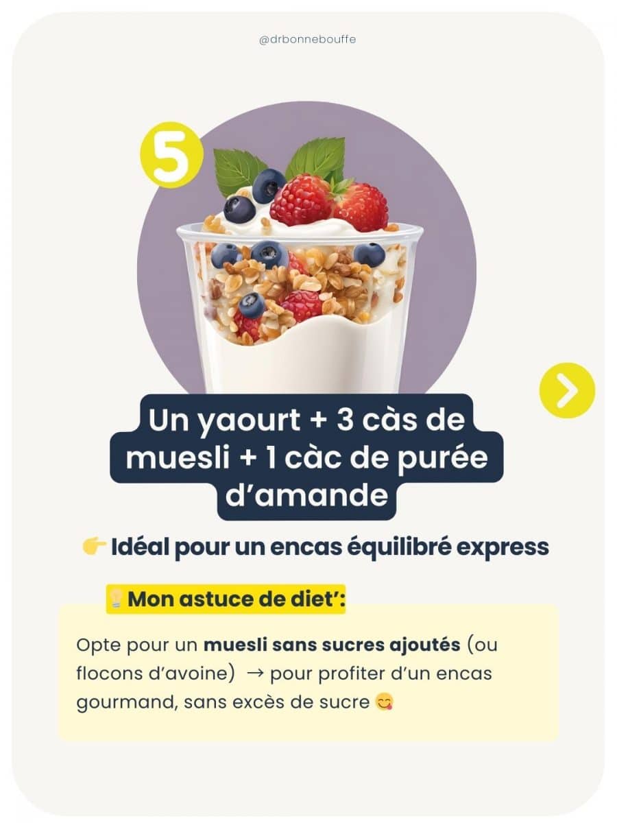 Infographie présentant 7 idées d’encas sains et express recommandées par une diététicienne pour des collations équilibrées et rapides