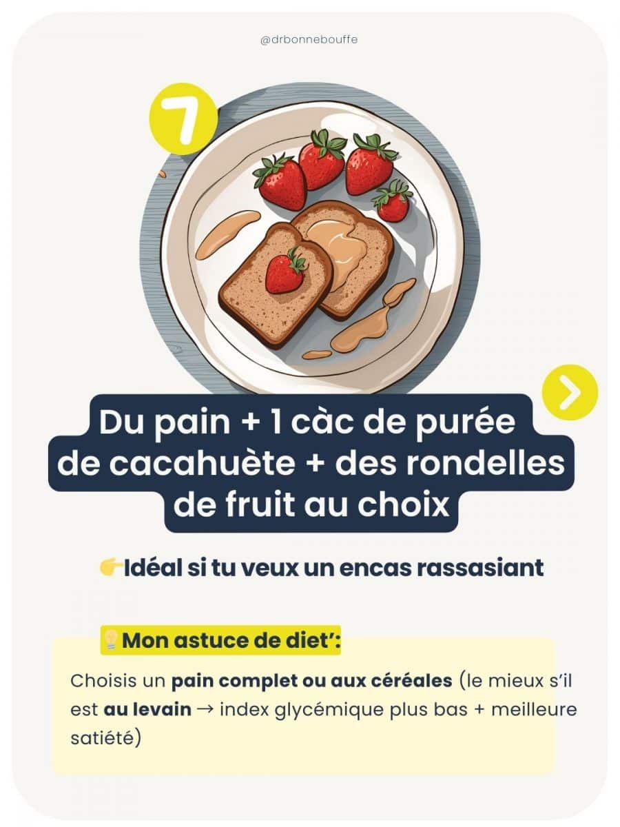 Infographie présentant 7 idées d’encas sains et express recommandées par une diététicienne pour des collations équilibrées et rapides