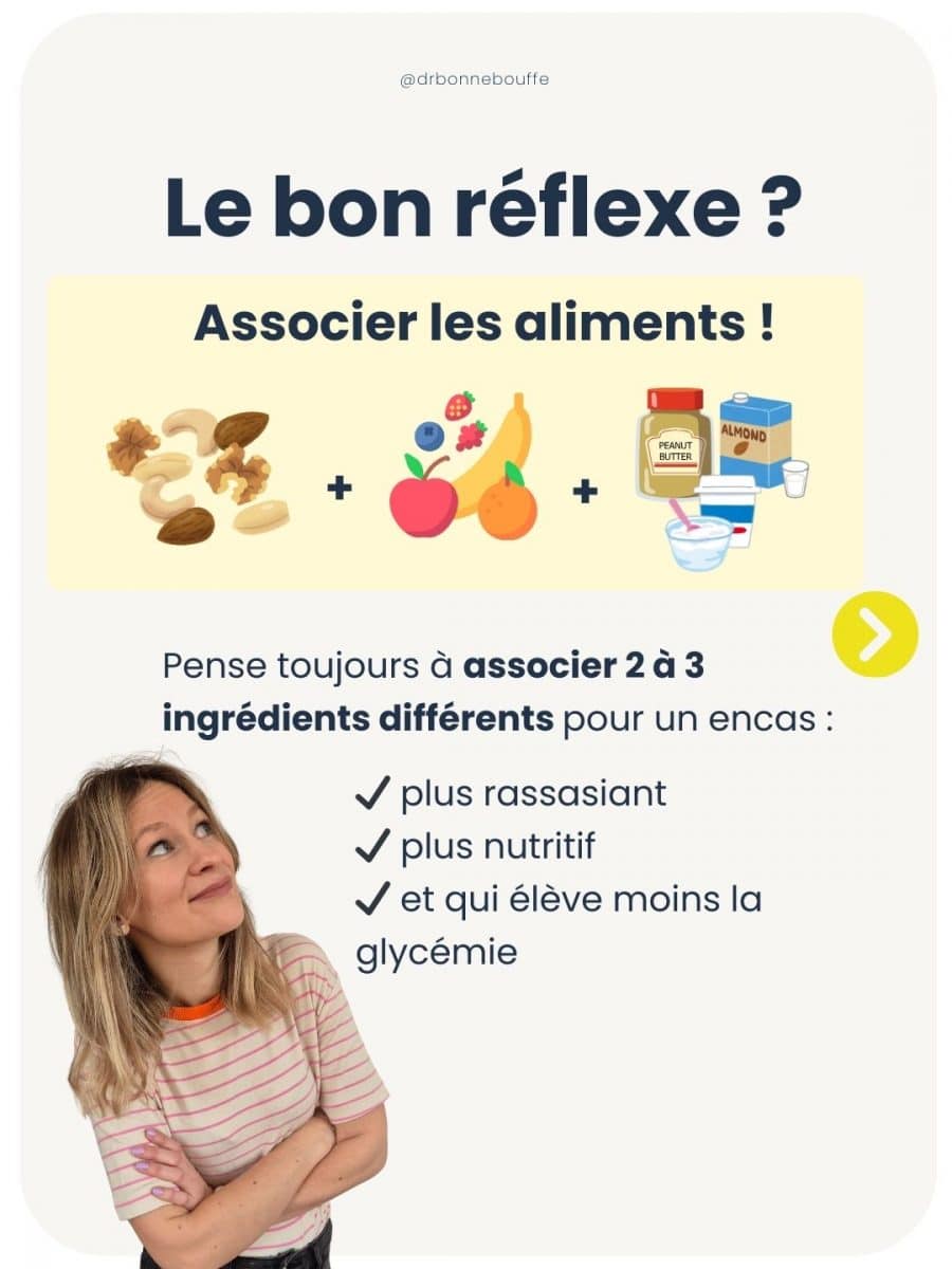 astuce infographie Infographie présentant 7 idées d’encas sains et express recommandées par une diététicienne pour des collations équilibrées et rapides