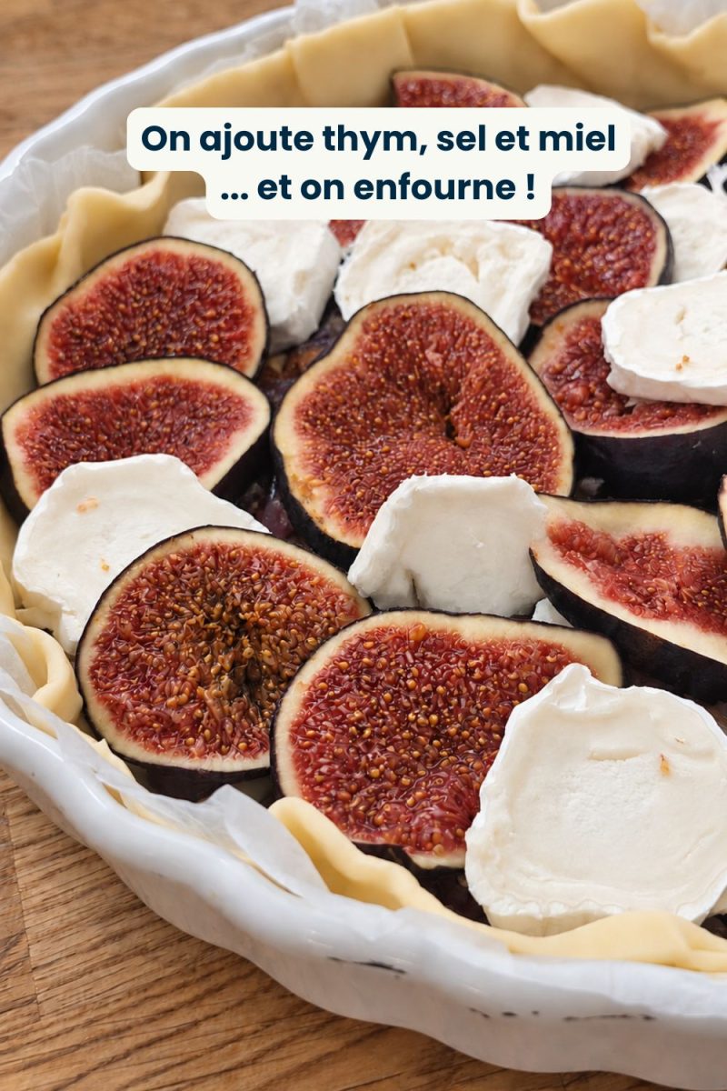 Gros plan sur les rondelles de figues et de chèvre disposées sur la pâte avant cuisson