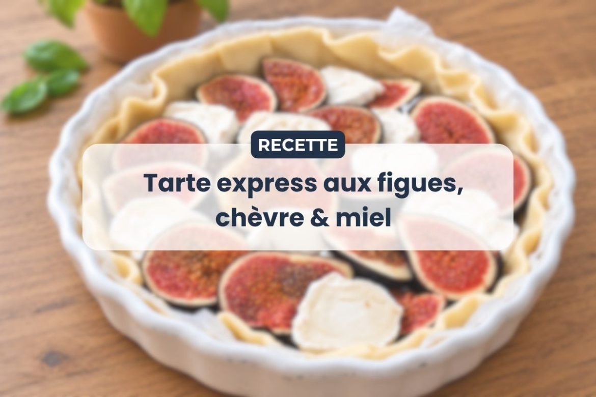 Tarte aux figues et au chèvre garnie de rondelles de figues fraîches et de chèvre.